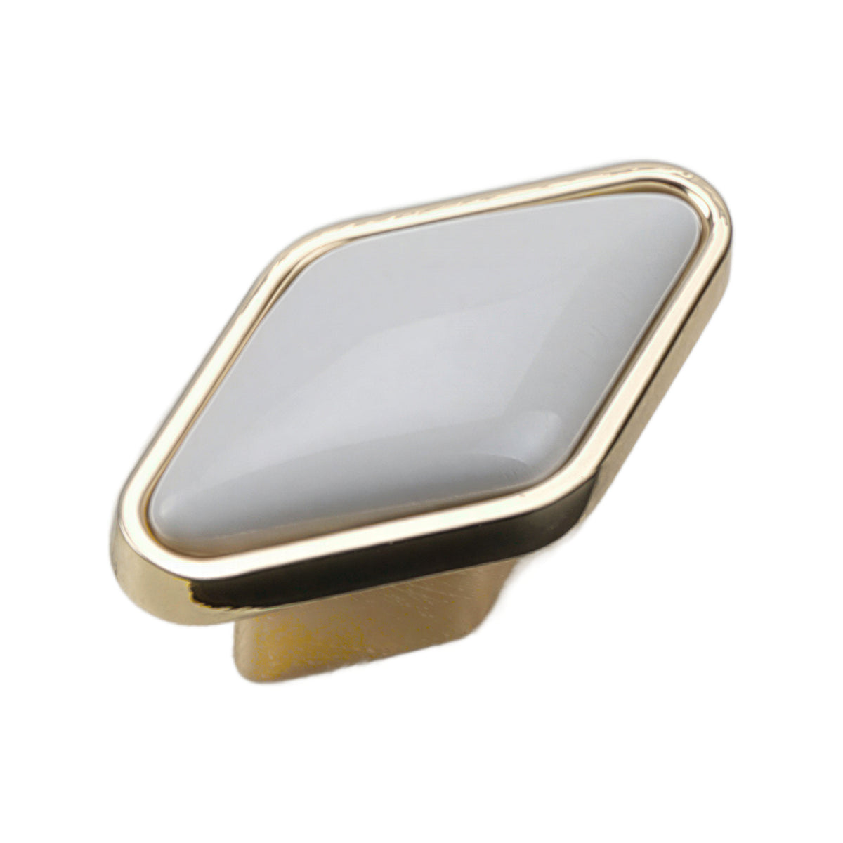Diamond-shaped white ceramic cabinet knob with a gold-tone rim, option No. 2, 50 mm.