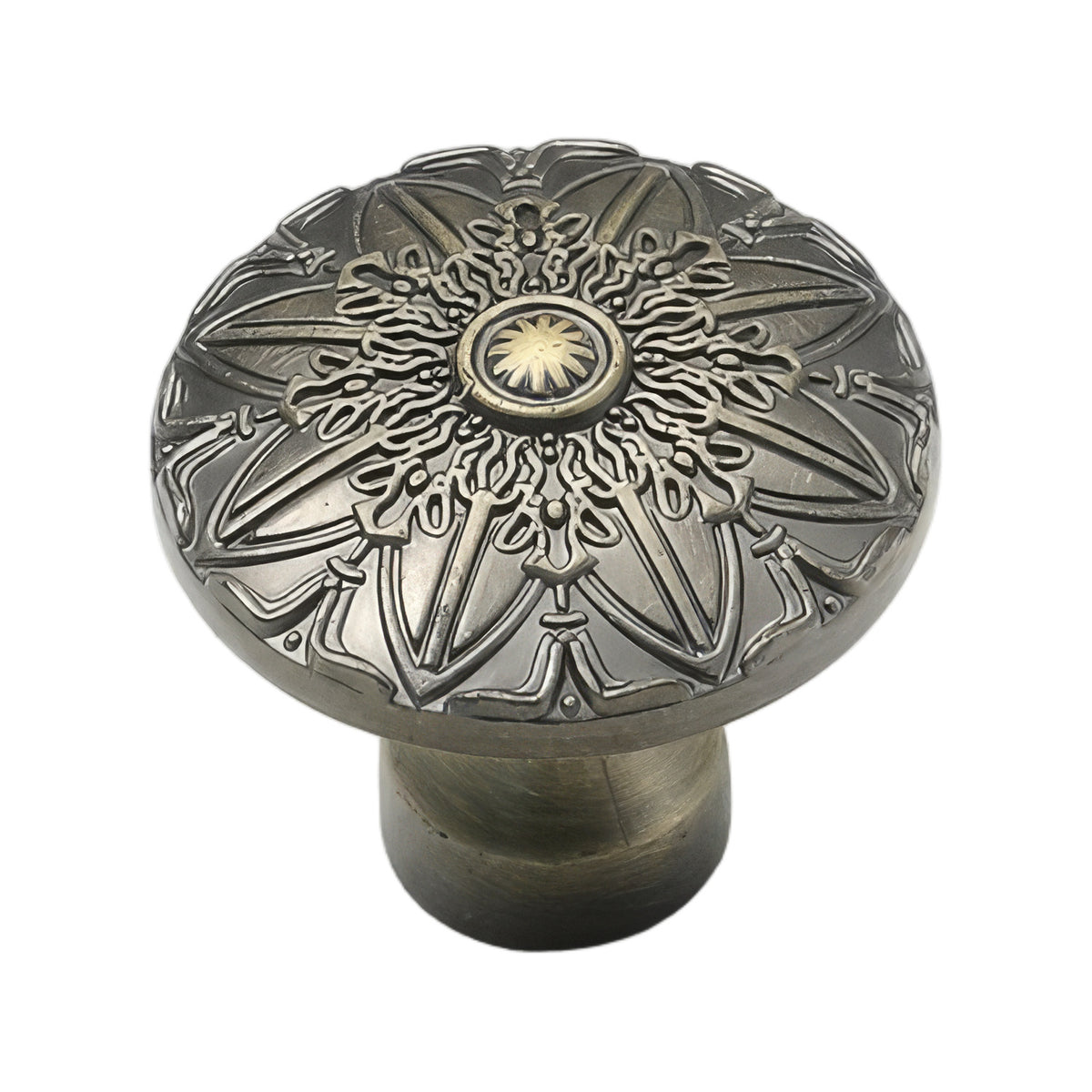 Bronze-colored round cabinet knob with an engraved floral design, variant #3.