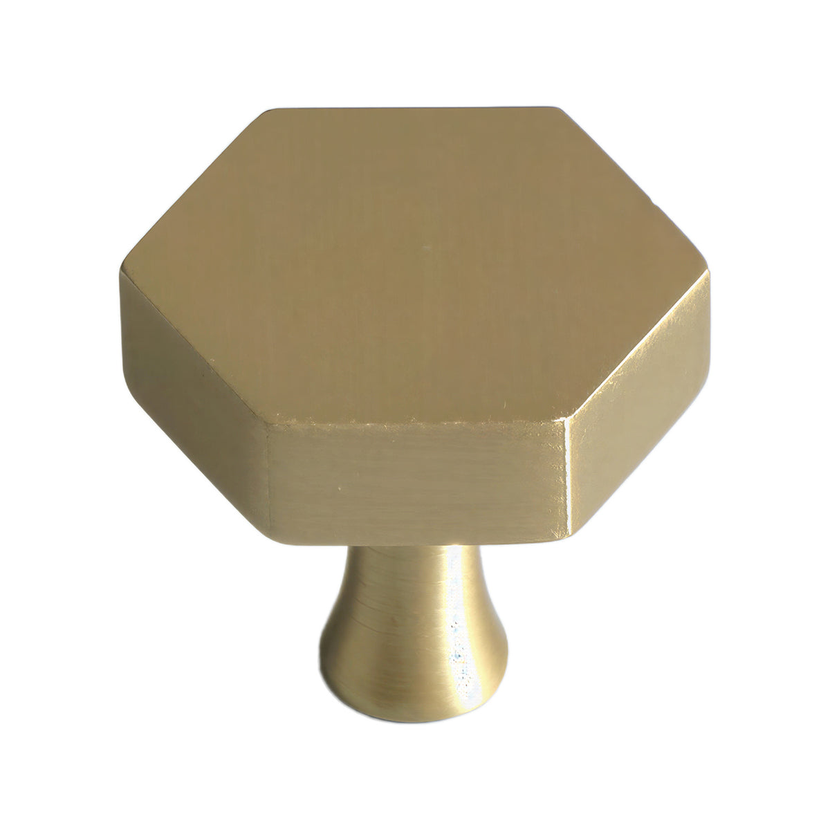 Brushed gold-tone hexagonal cabinet knob with a flat top, option No. 3.