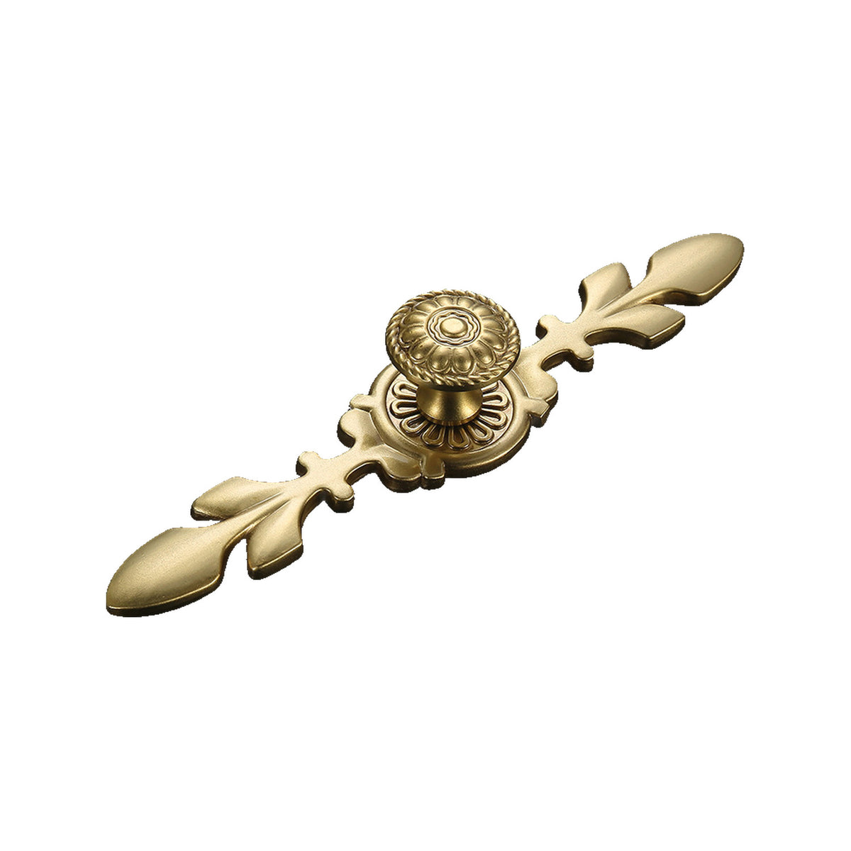 Ornate gold-tone cabinet knob with a central floral medallion and leaf-shaped ends, option #5.