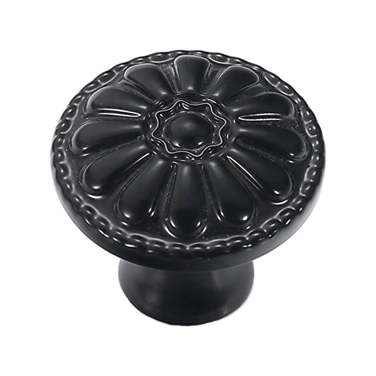 Black floral cabinet knob with a raised petal design, variant #1.
