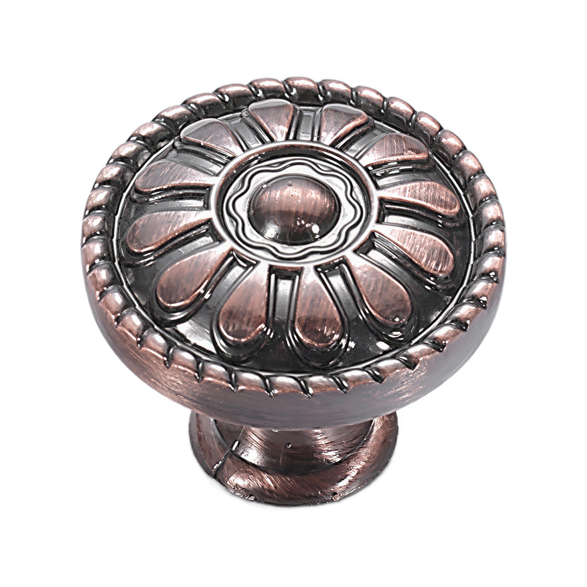 Dark copper-colored floral cabinet knob with a raised petal design, variant #3.