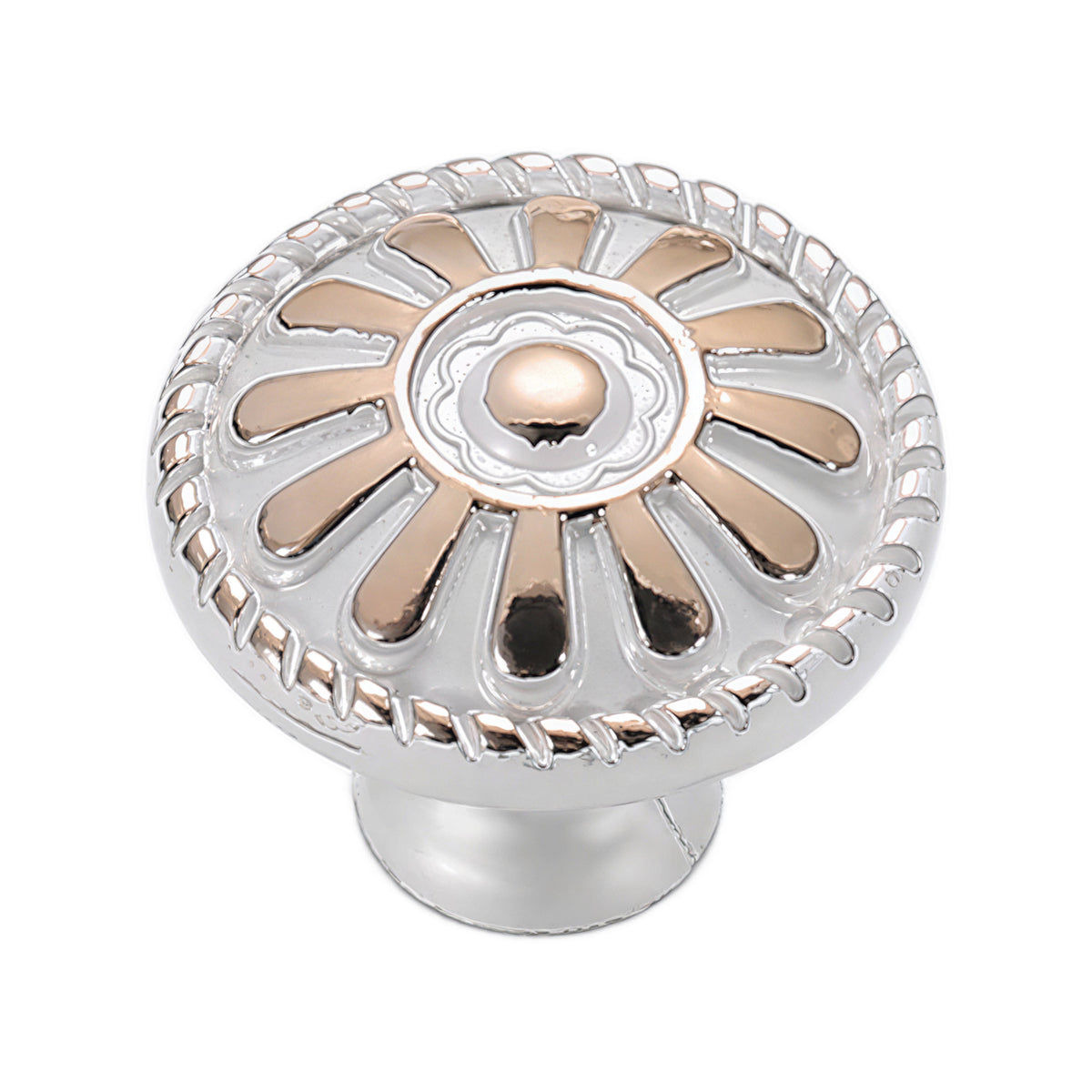 Silver-colored floral cabinet knob with a raised petal design, variant #5.