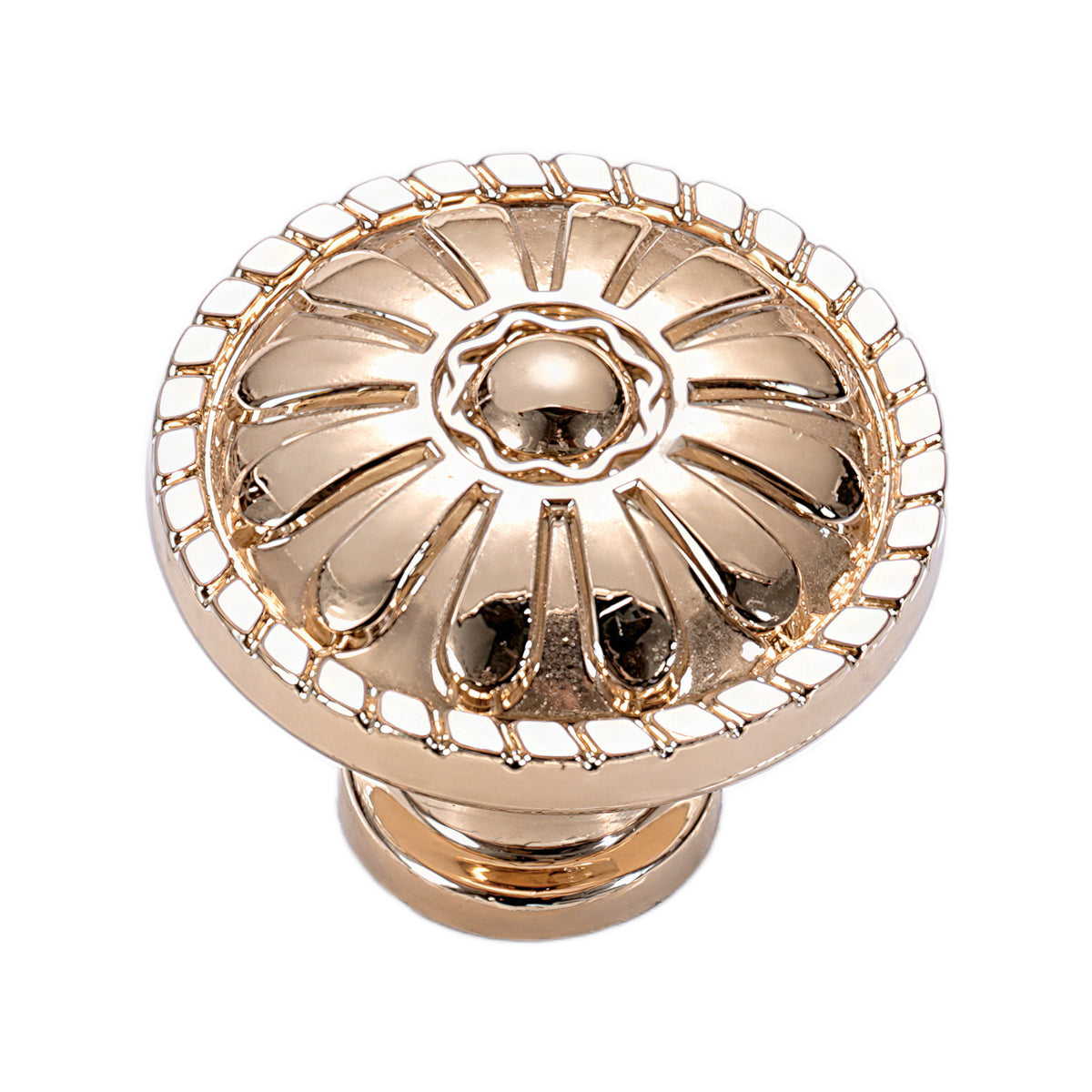 Warm gold-colored floral cabinet knob with a raised petal design, variant #6.
