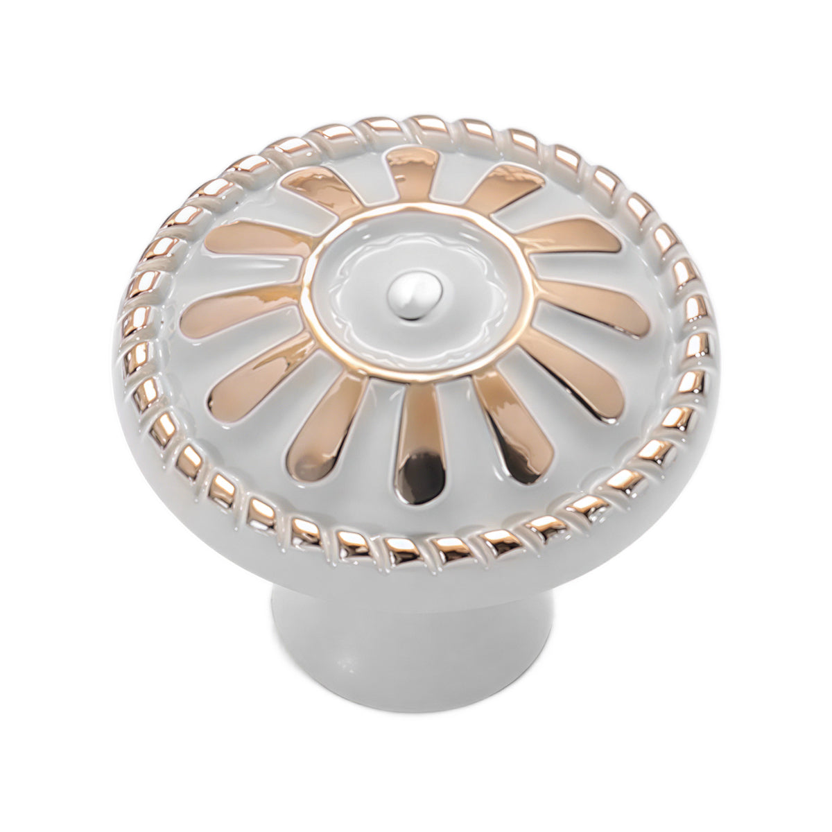 Pale metallic floral cabinet knob with a raised petal design, variant #7.