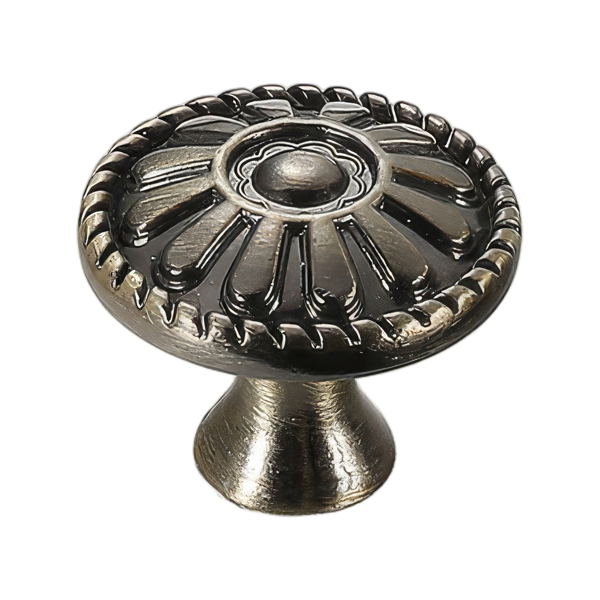 Dark bronze-colored floral cabinet knob with a raised petal design, variant #1.