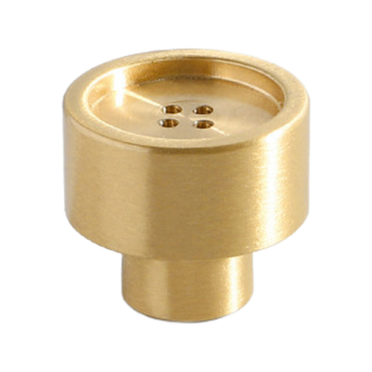 Gold-tone cylindrical cabinet knob with four holes on top, option No. 12.