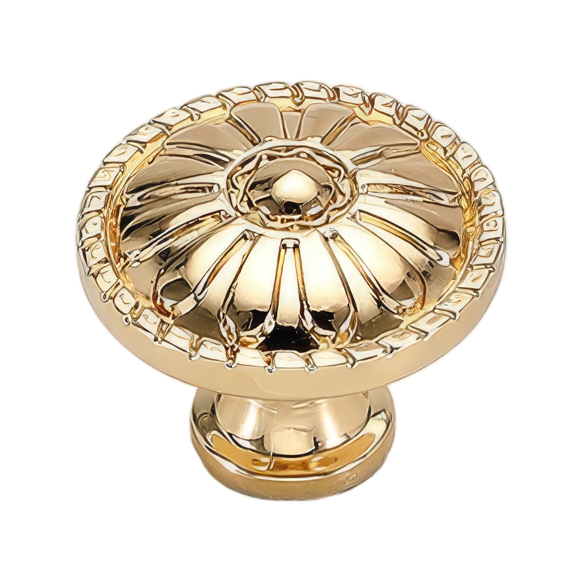 Gold-tone ornate round cabinet knob with a raised floral pattern, option No. 1.
