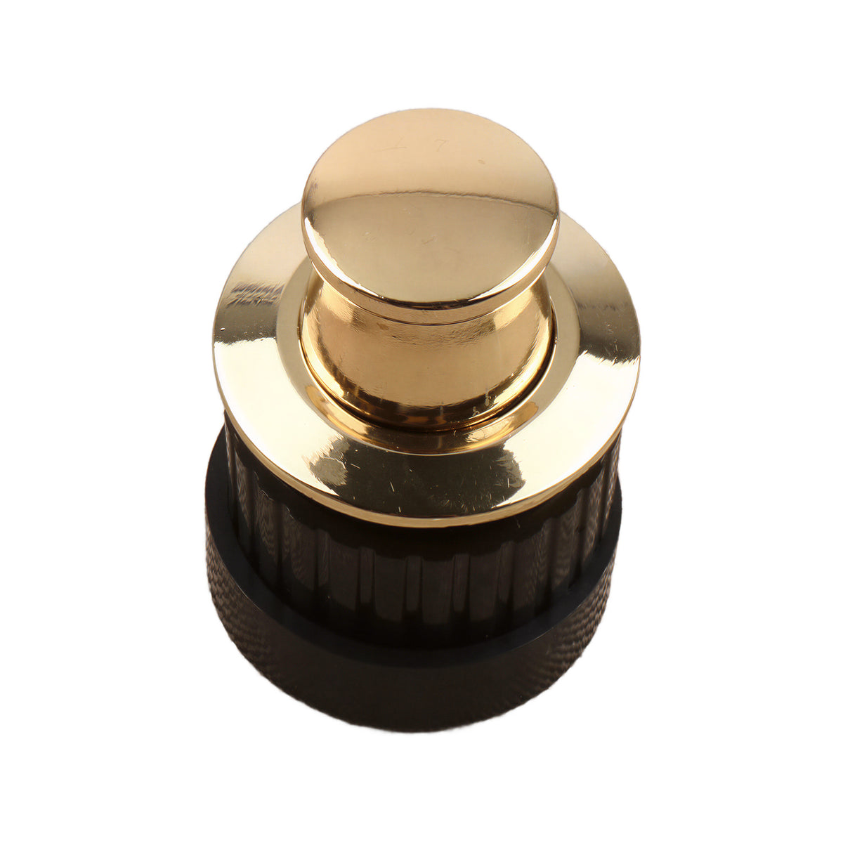 Gold-tone round pop-up cabinet knob with a flat top and dark ribbed base, option No. 5.