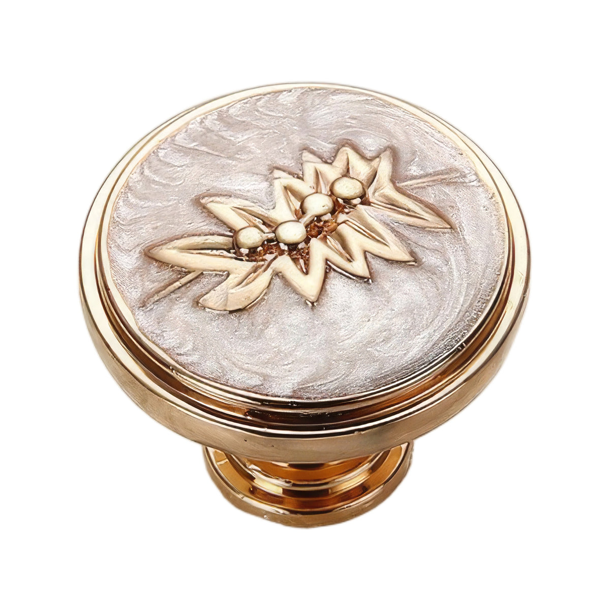 Gold-tone round cabinet knob with a pale pearly center and floral motif, option No. 2.