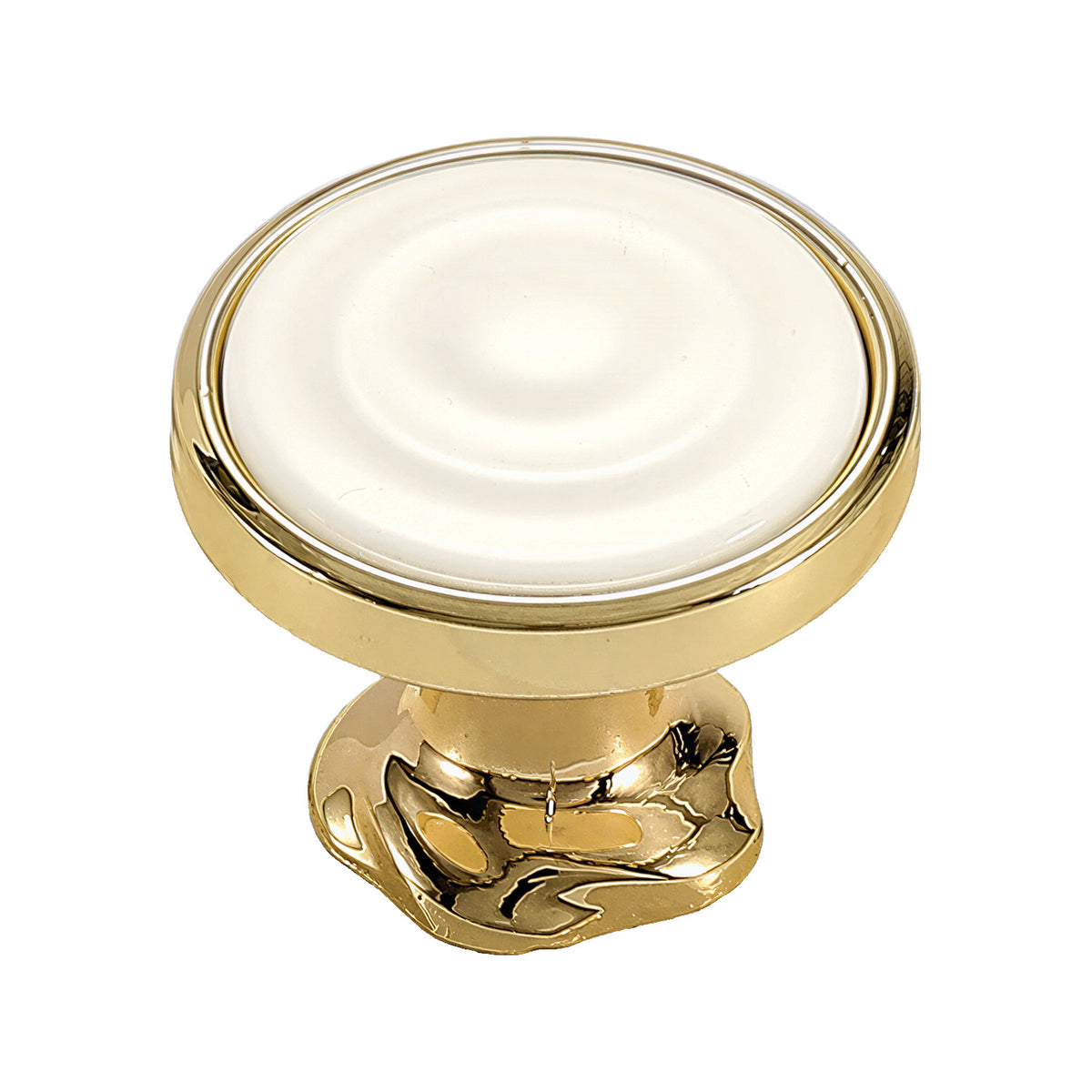 Gold-tone round cabinet knob with a white ceramic face and sculpted base, option No. 8.
