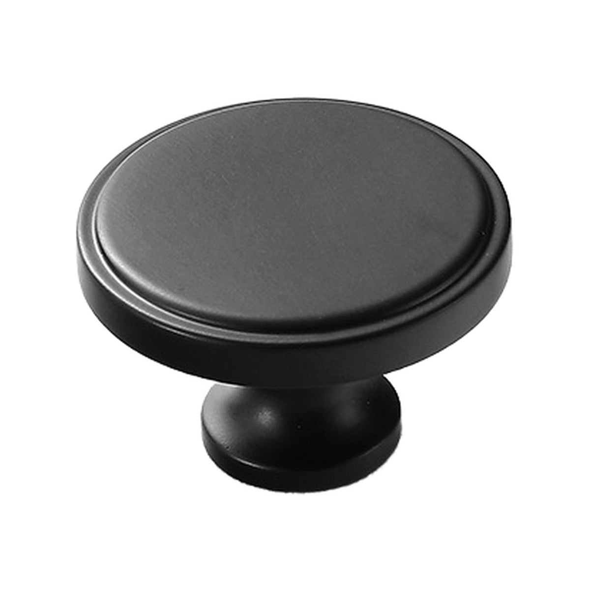 Matte black round flat-top cabinet knob, option No. 8.