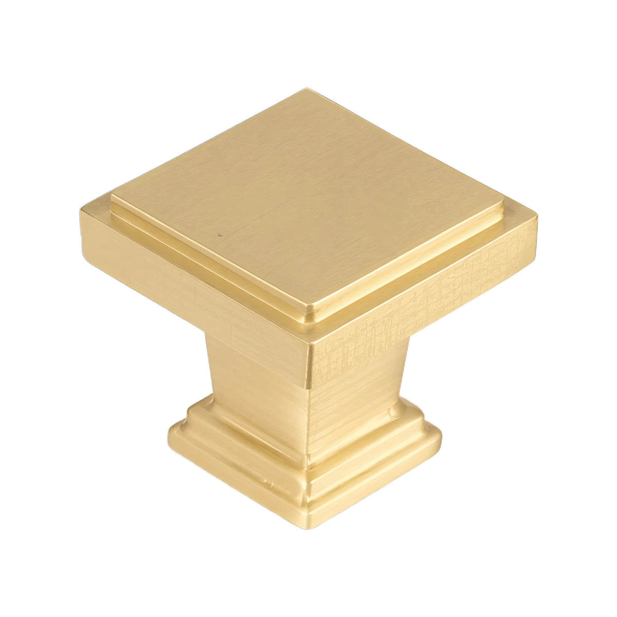 Matte gold-tone square cabinet knob with a stepped base, option No. 4.
