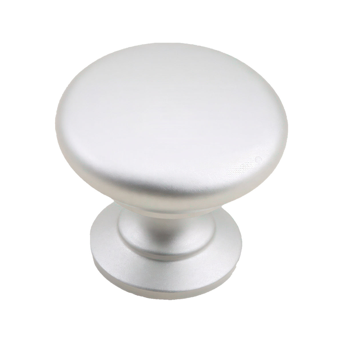Matte silver-tone smooth round mushroom cabinet knob.