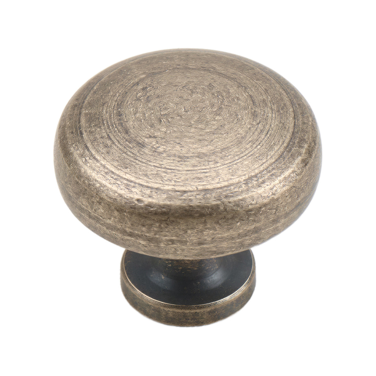Old bronze-tone round cabinet knob with a concentrically brushed face, option No. 2.