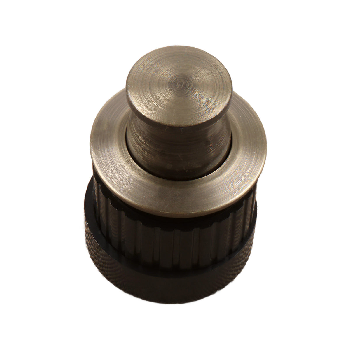 Old bronze-tone round pop-up cabinet knob with a flat top and dark ribbed base, option No. 3.
