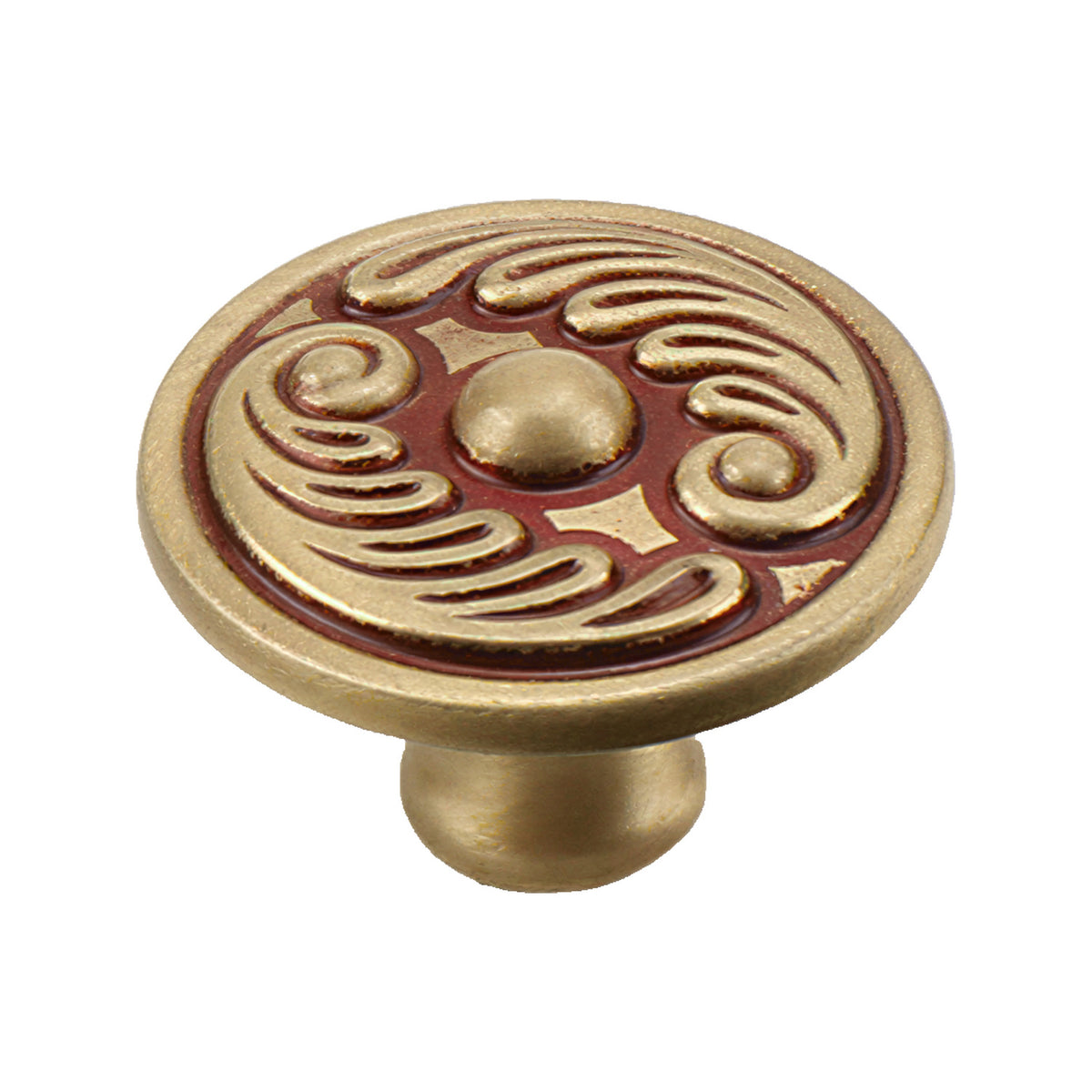 Ornate round cabinet knob with recessed red scrollwork, Rose Gold option.