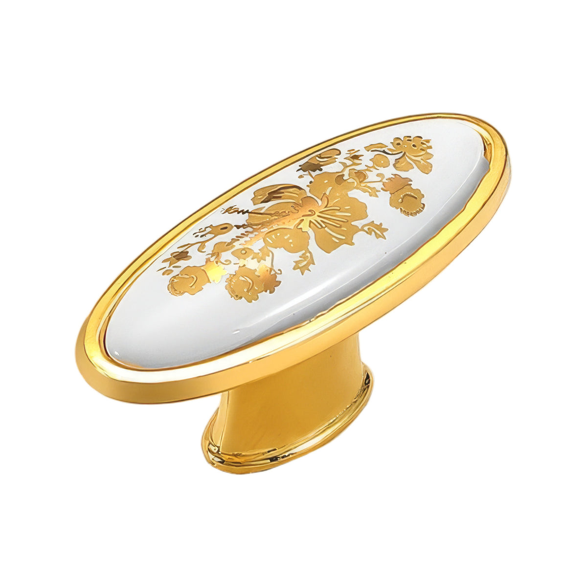 Oval white cabinet knob with a gold-tone floral pattern, option #3.