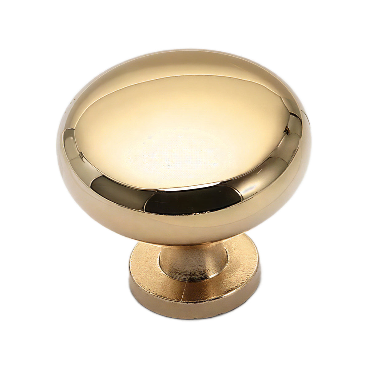 Polished gold-tone round cabinet knob, option No. 1.