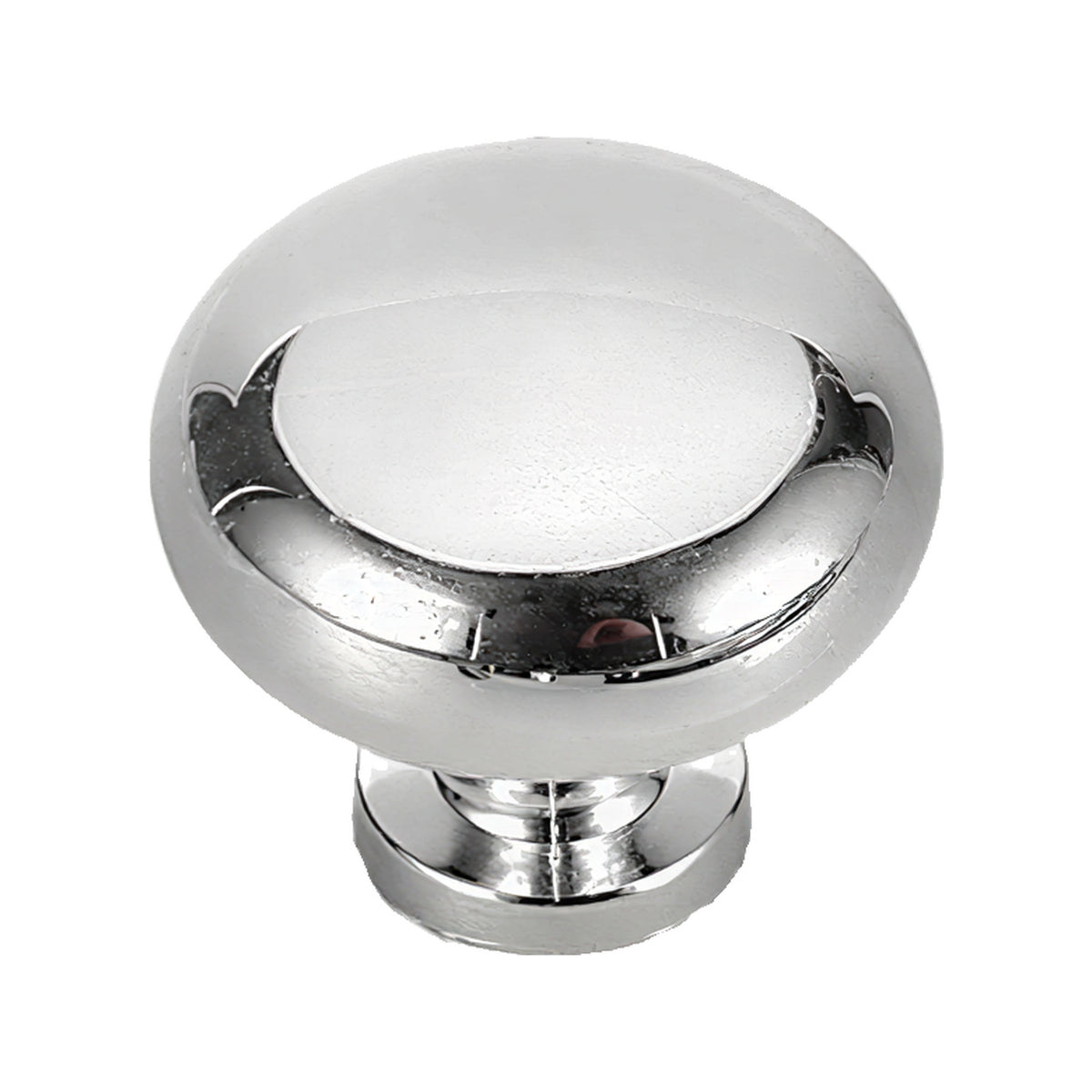 Polished silver-tone round cabinet knob, option No. 1.
