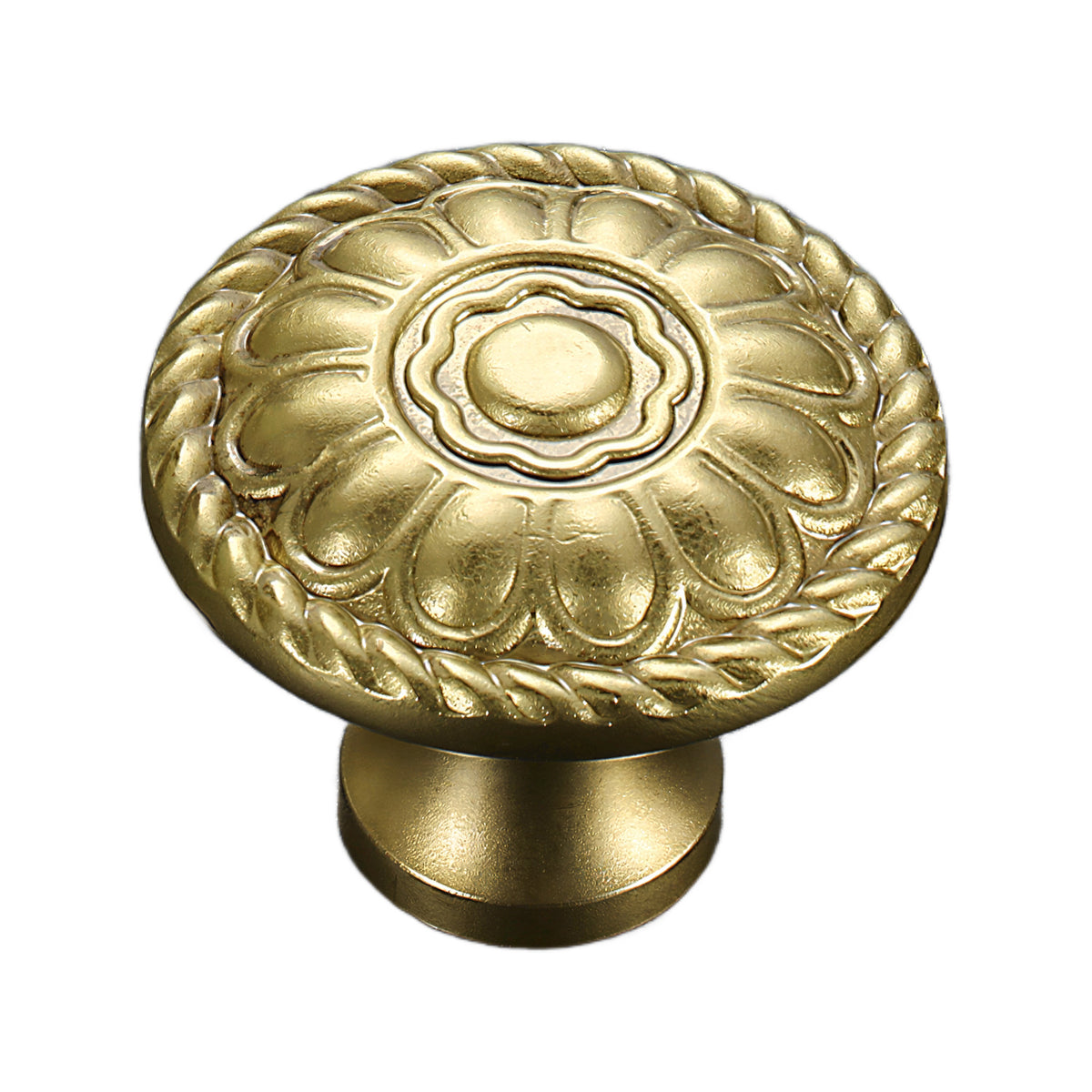 Gold-tone cabinet knob with a raised floral rosette face, option #1.