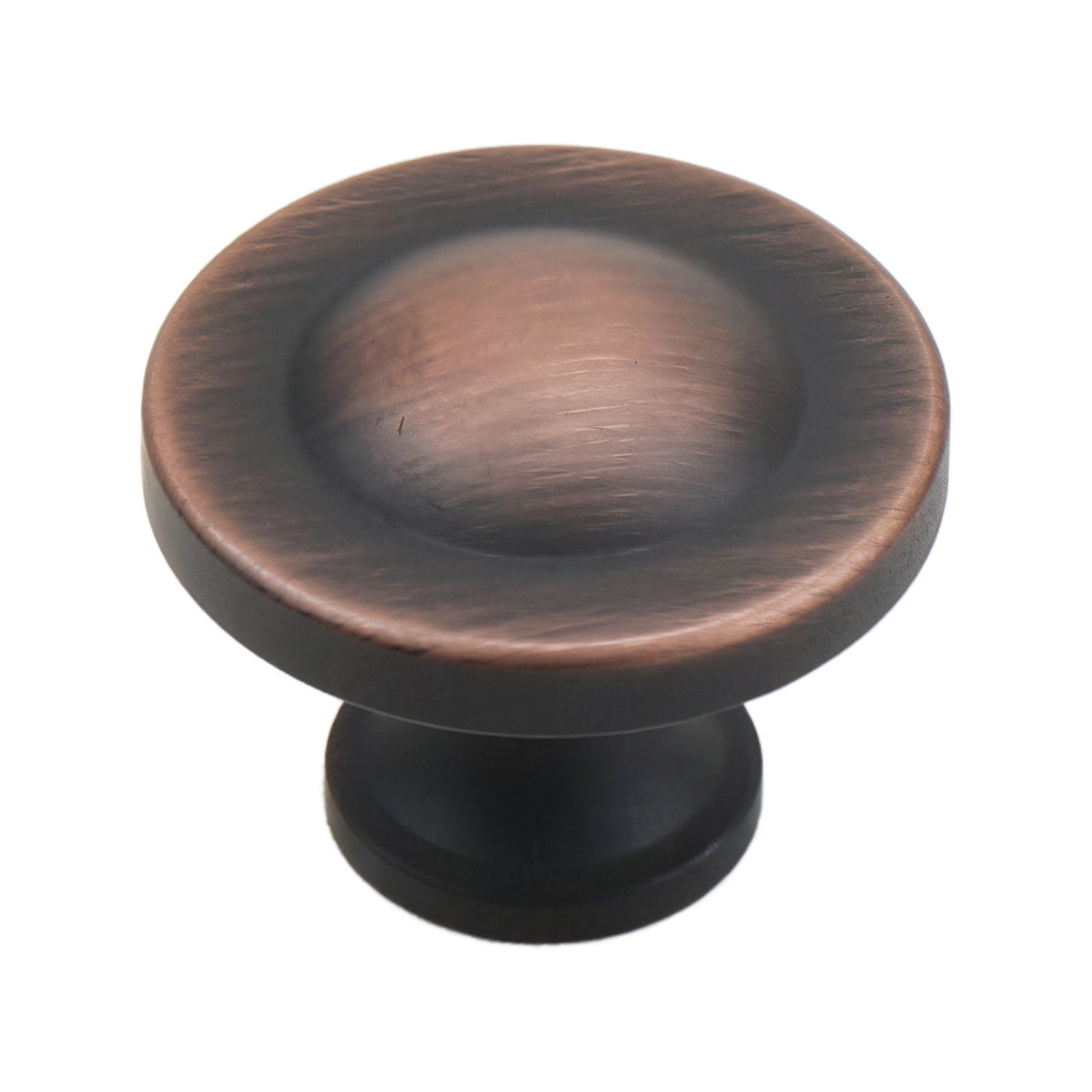 Red bronze-tone cabinet knob with a wide concave round face, option No. 1.
