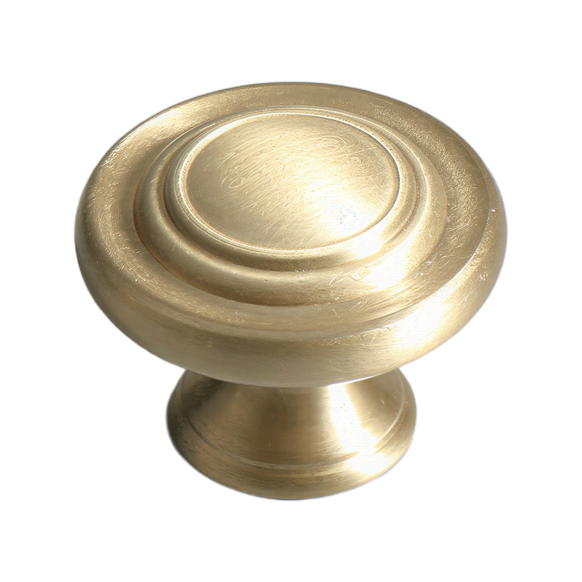 Brushed gold-tone round cabinet knob with concentric stepped rings, option No. 12.