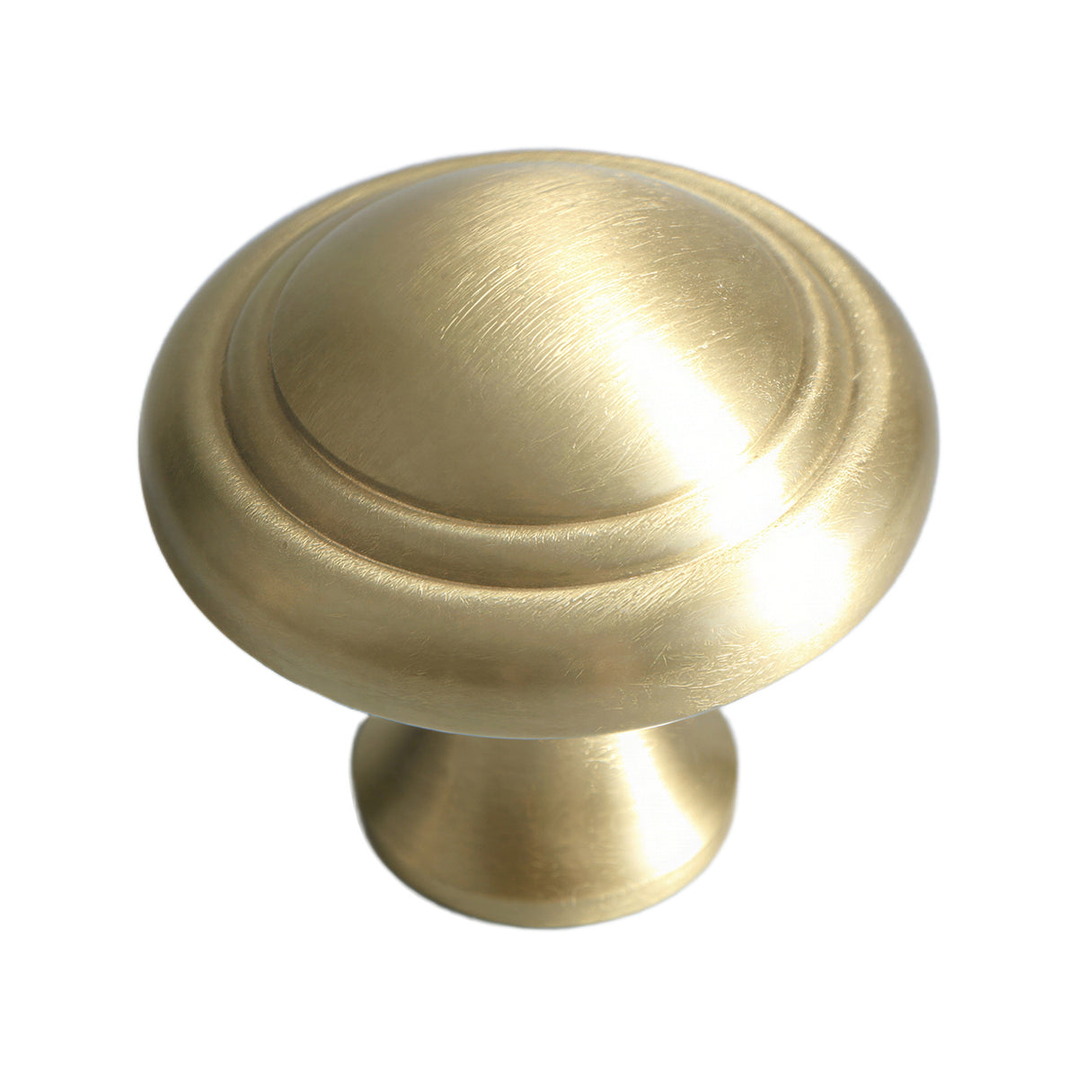 Brushed gold-tone domed round cabinet knob with a concentric rim, option No. 20.