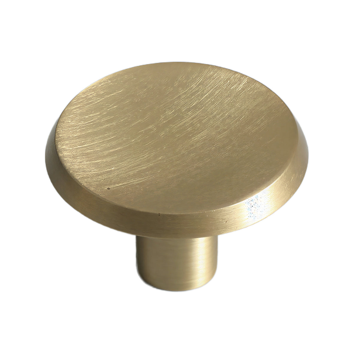 Brushed gold-tone flat round cabinet knob with a brushed face, option No. 11.