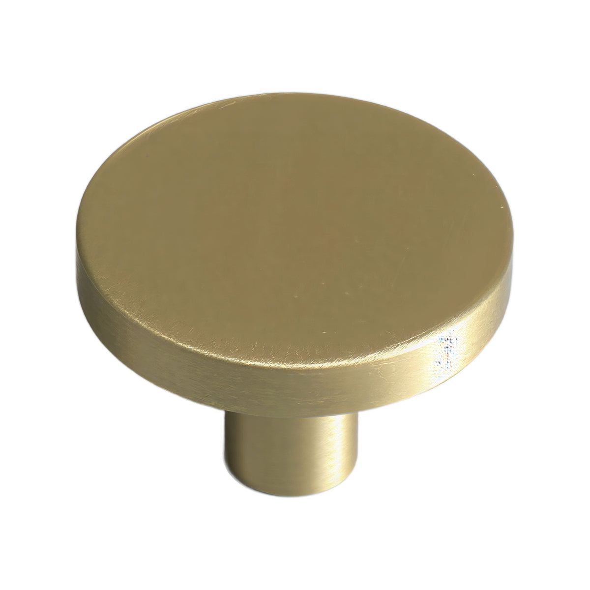 Brushed gold-tone flat round cabinet knob with a smooth face, option No. 8.