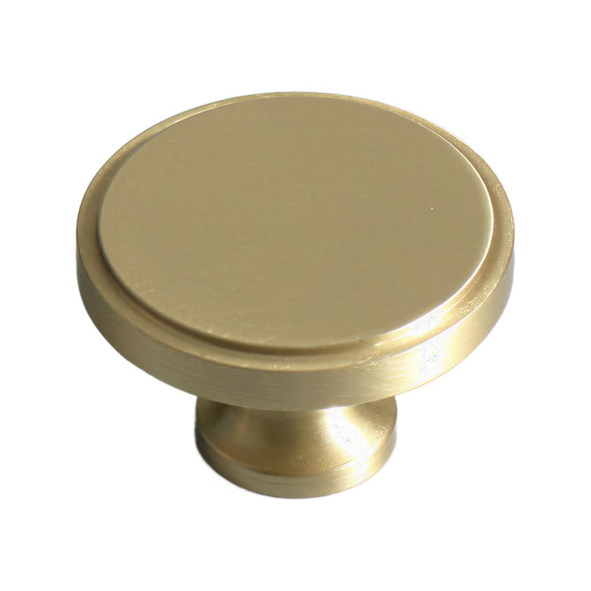 Brushed gold-tone round cabinet knob with a flat face and stepped rim, option No. 7.