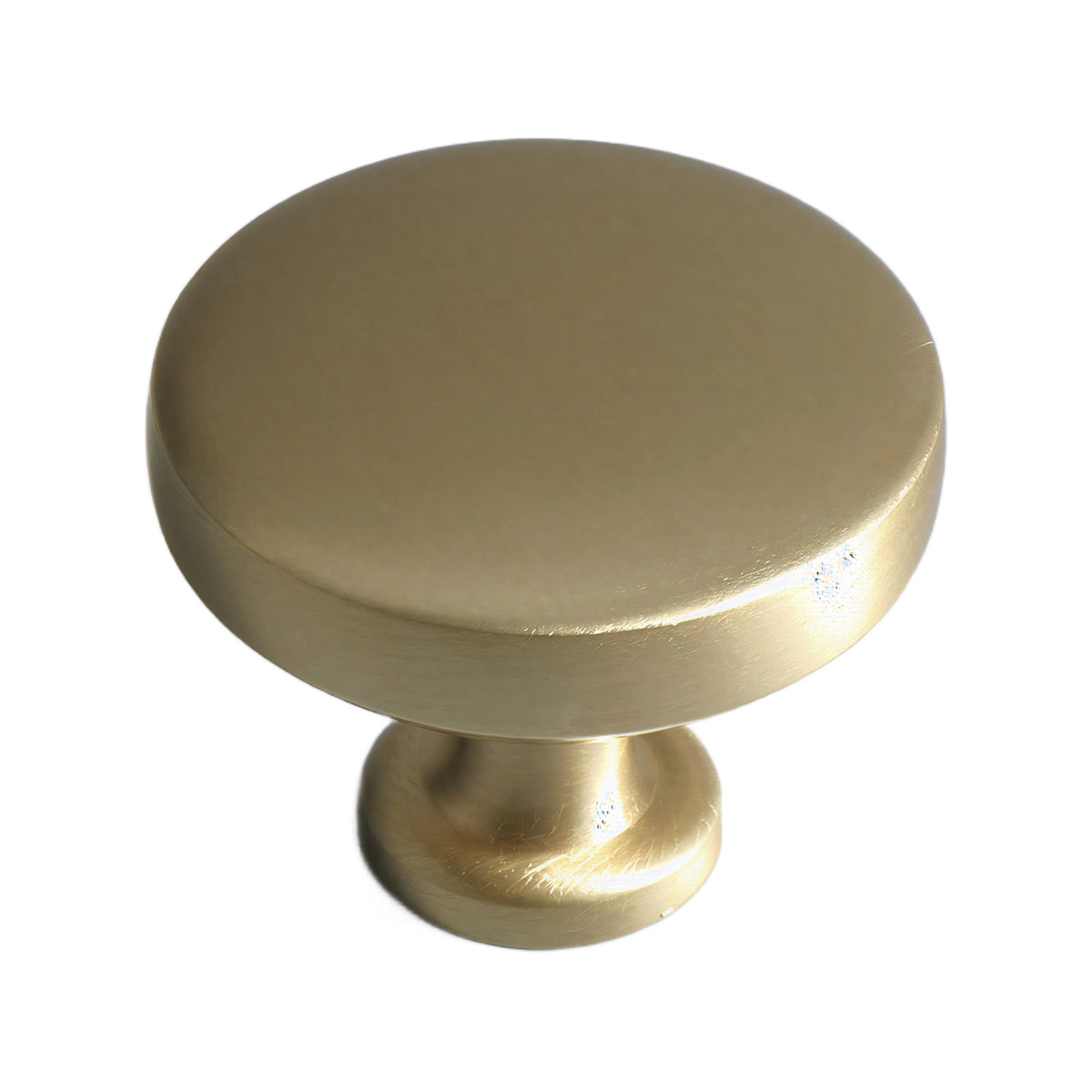 Brushed gold-tone flat round mushroom cabinet knob, option No. 16.