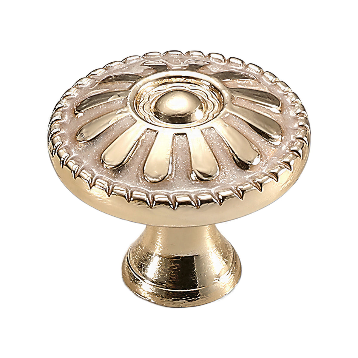 Gold-tone round cabinet knob with raised radial petals and a domed center, option #1.