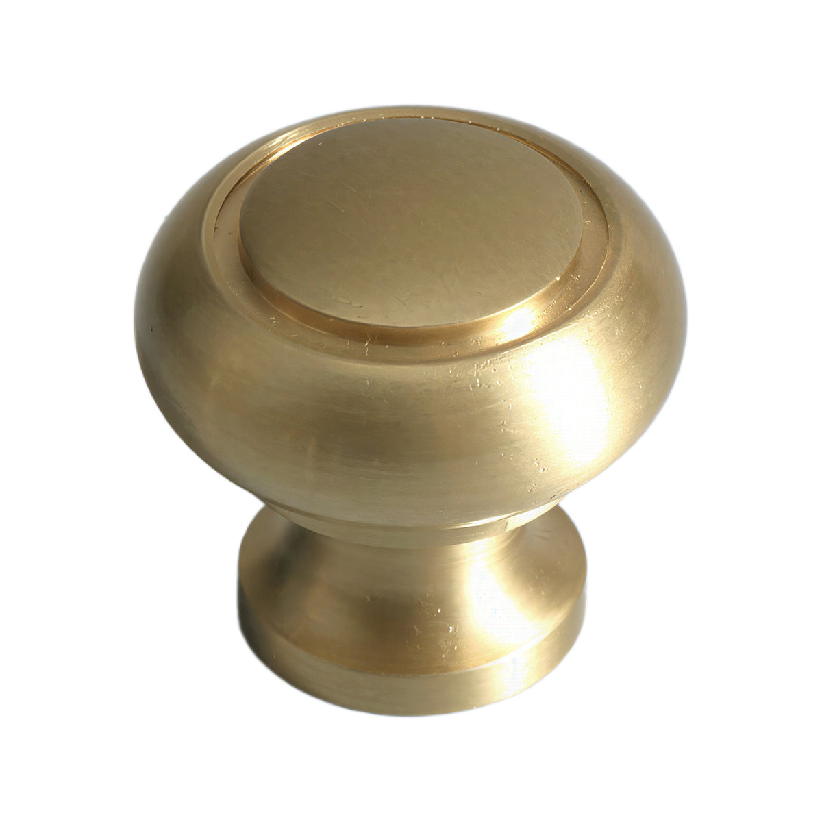 Brushed gold-tone round cabinet knob with a raised center and curved sides, option No. 10.
