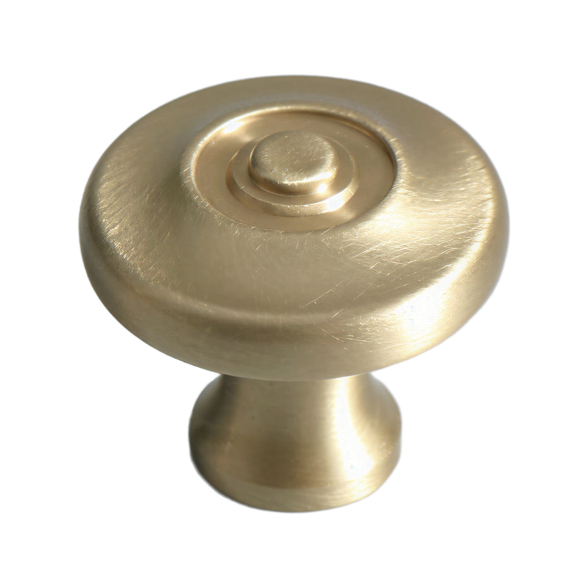 Brushed gold-tone round cabinet knob with a recessed face and central button, option No. 17.