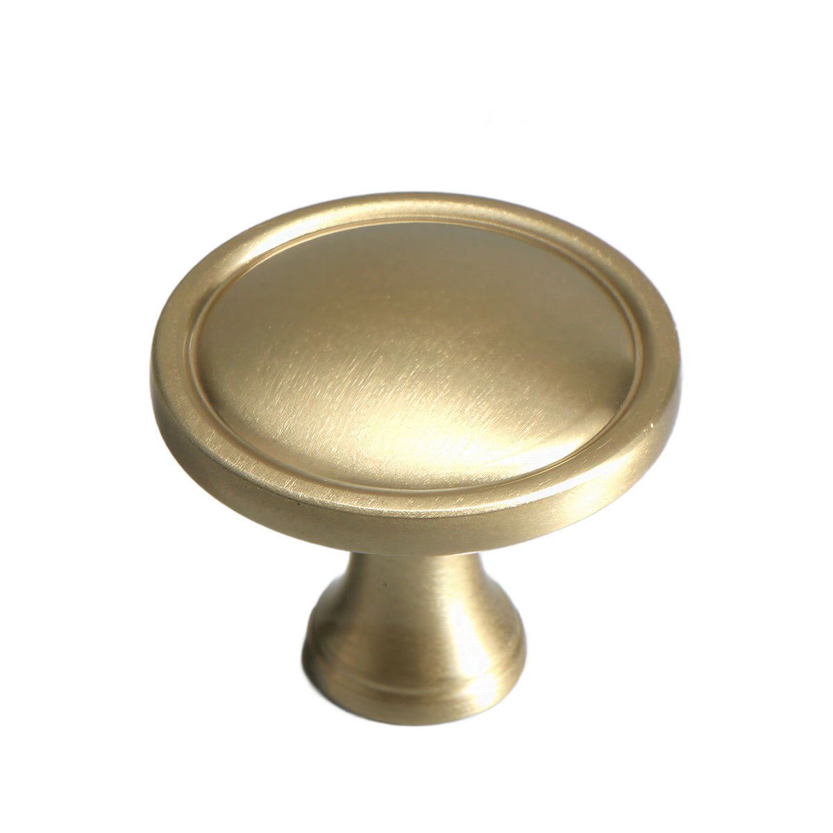 Brushed gold-tone round cabinet knob with a recessed face and raised rim, option No. 14.
