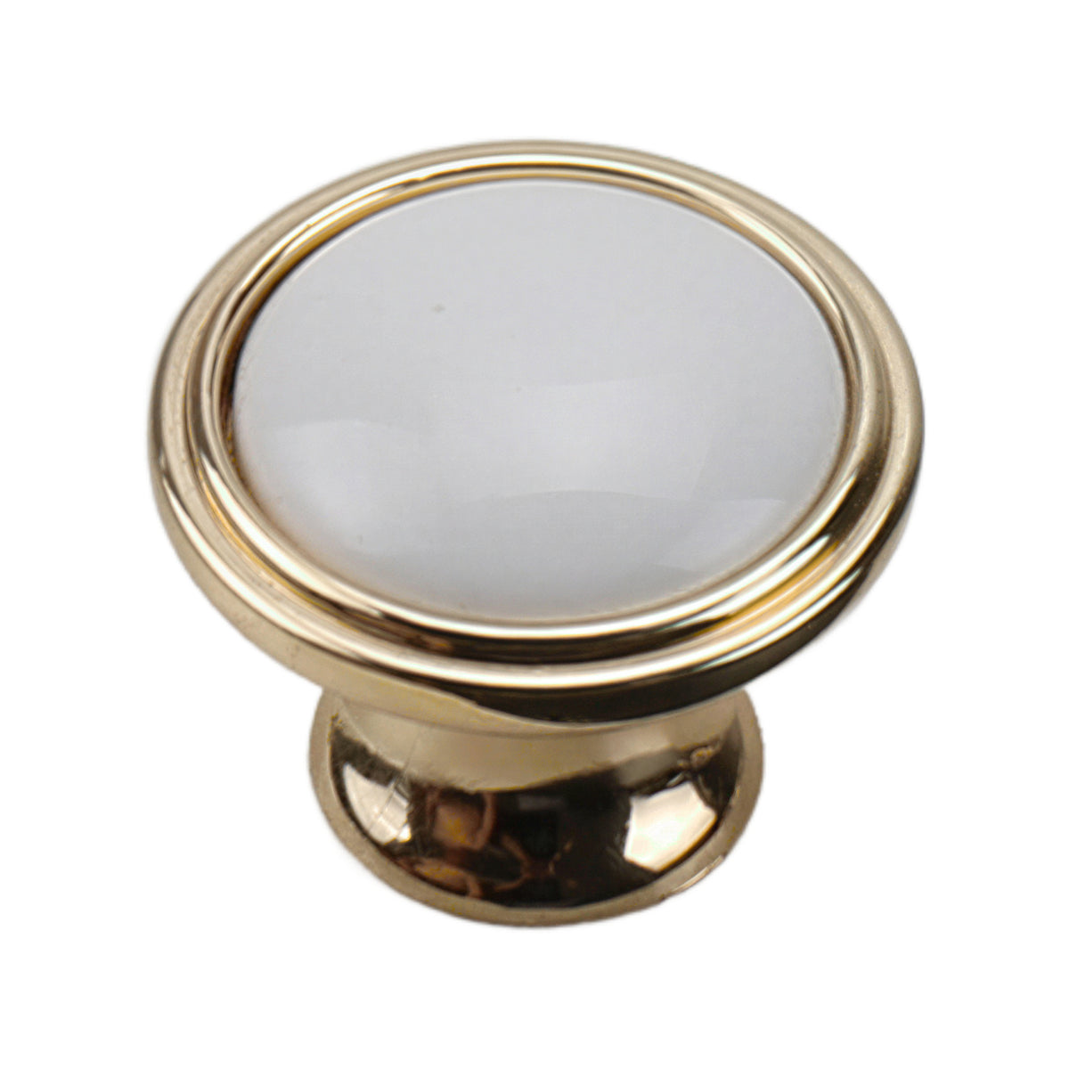 Round white ceramic cabinet knob with a gold-tone rim, option No. 1, 37 mm.