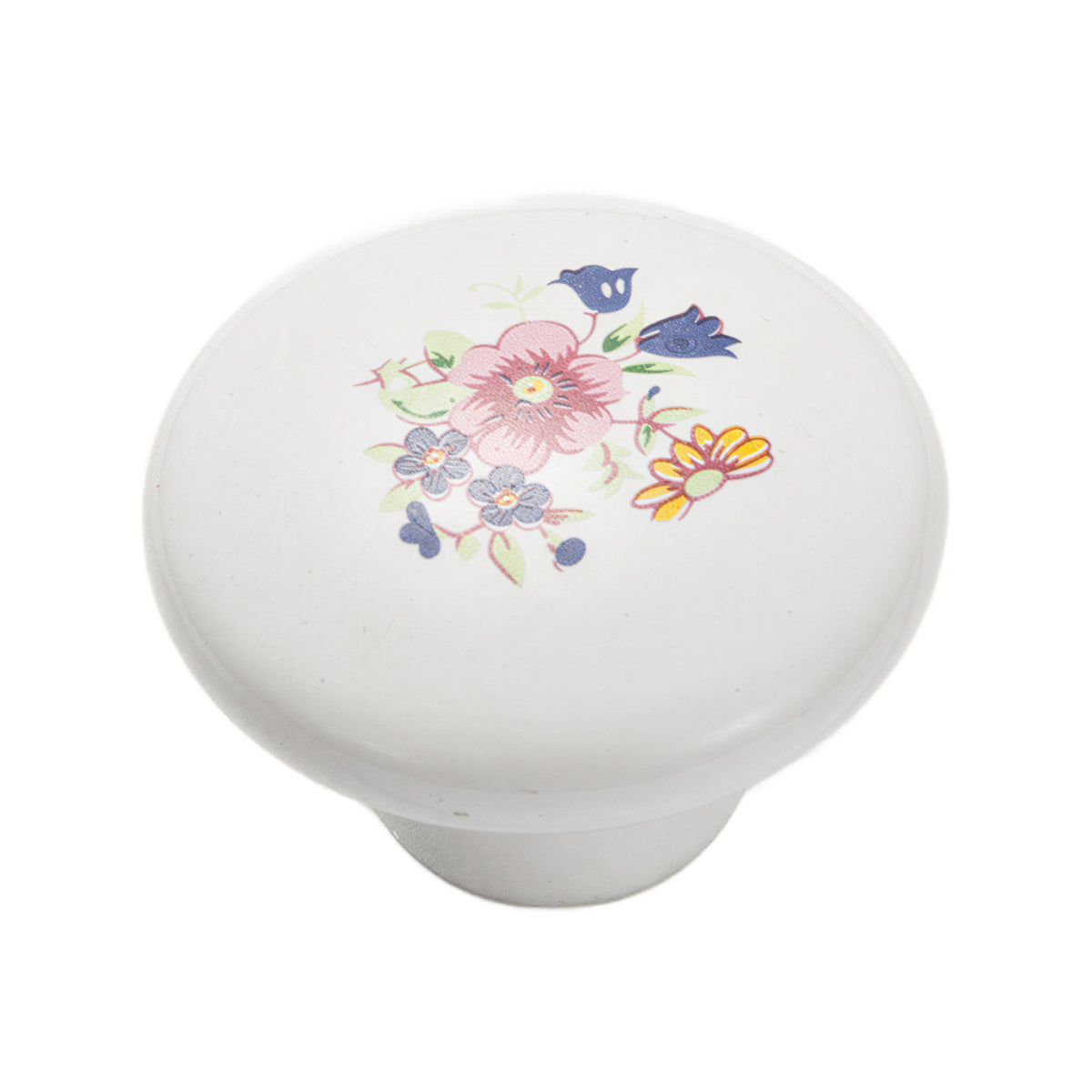 Round white cabinet knob with a multicolor floral print, option #1, 38 mm.