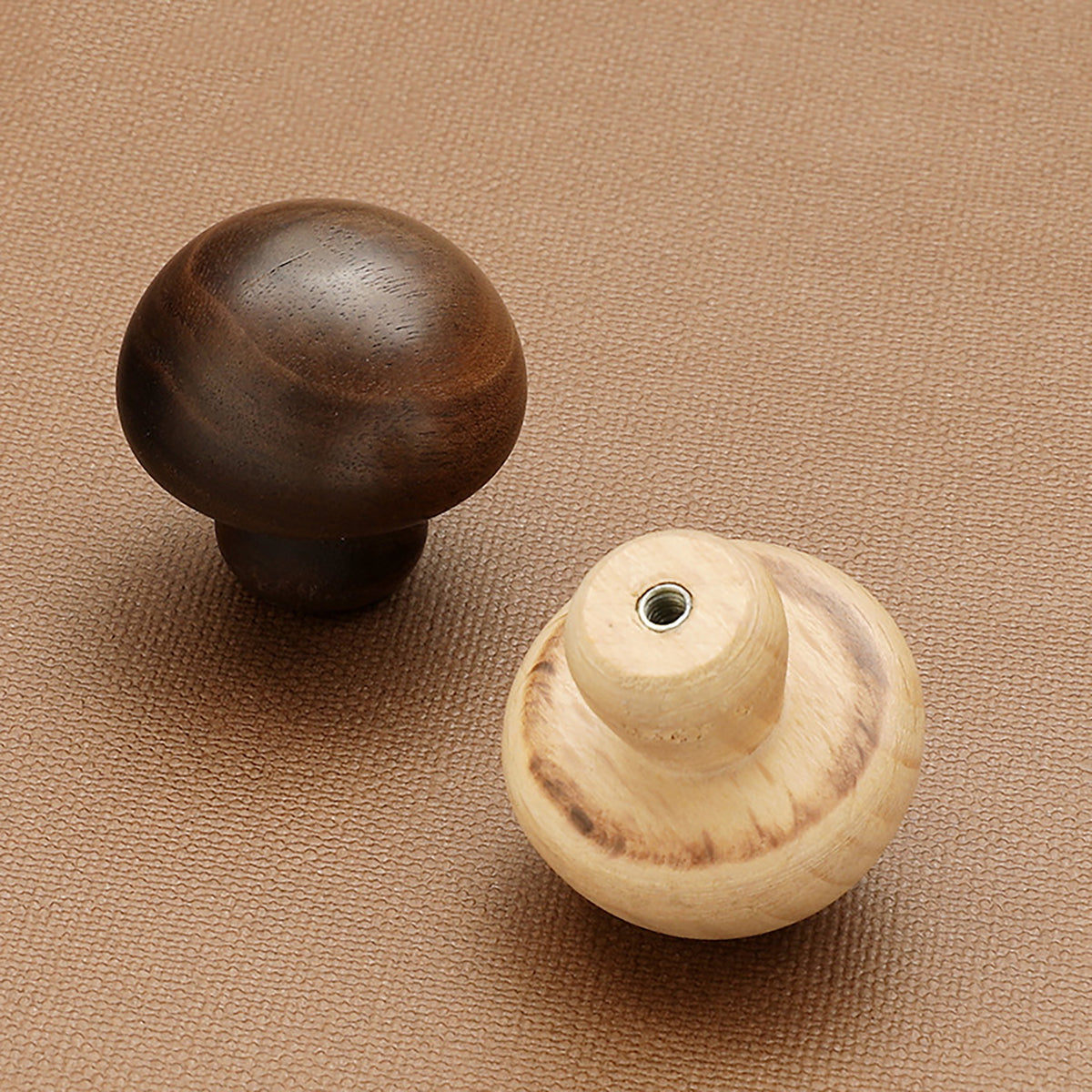 Walnut and beech wood mushroom cabinet knobs, including rear mounting views.