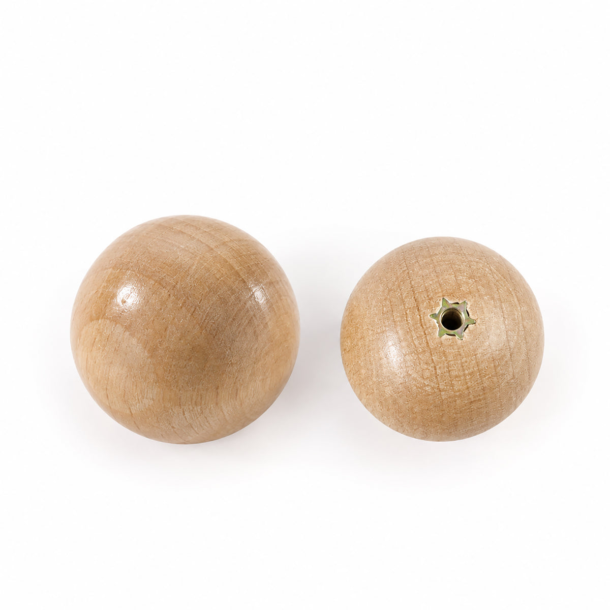 Beech wood ball cabinet knob, showing front surface and rear mounting hole.