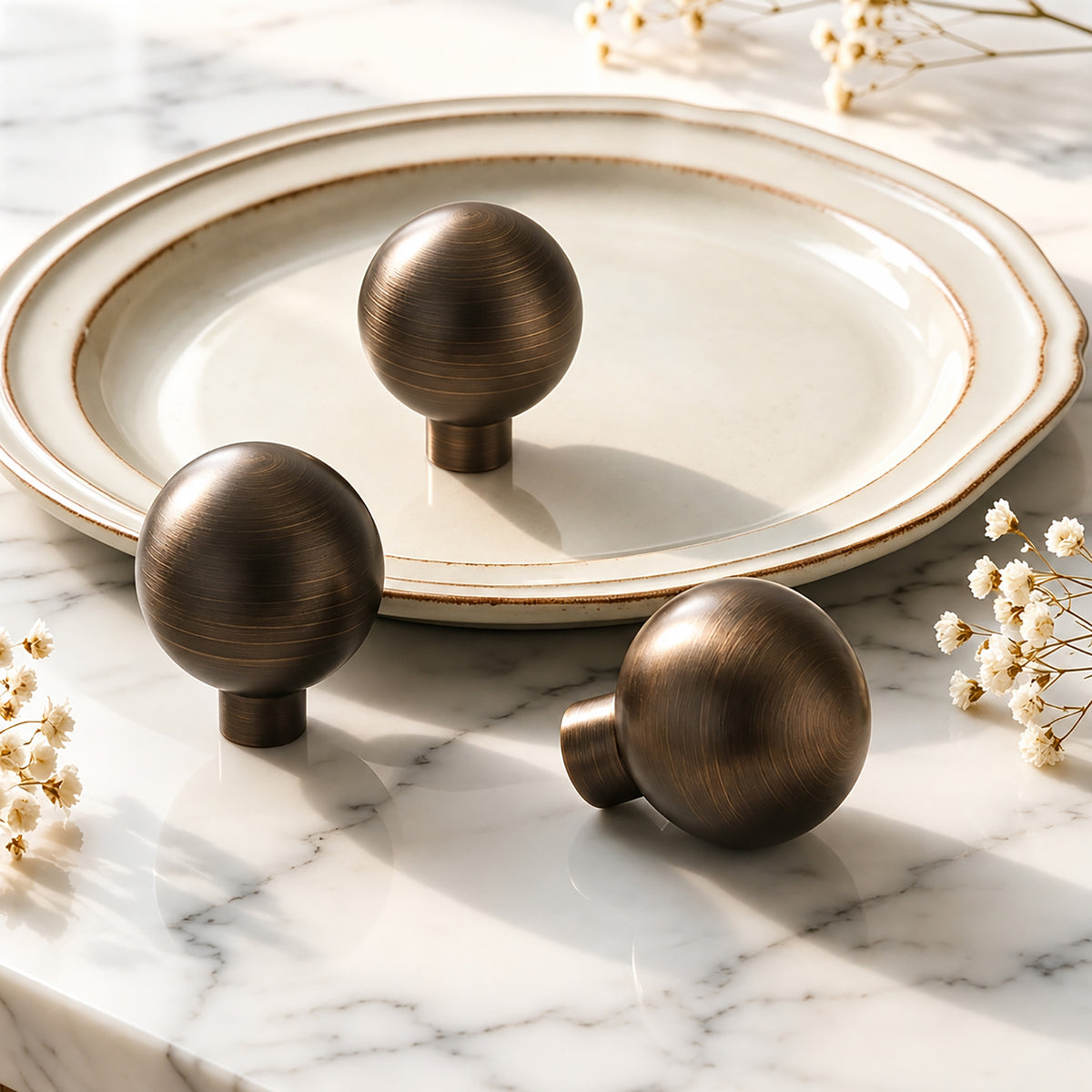 Three spherical bronze-finish brass cabinet knobs styled beside a ceramic dish.