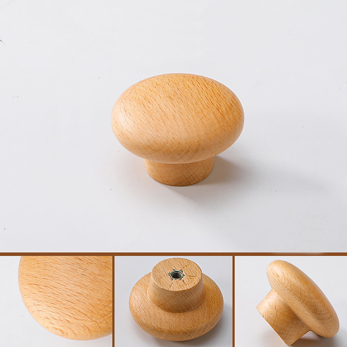 Beech wood mushroom cabinet knob in front, back and side views.