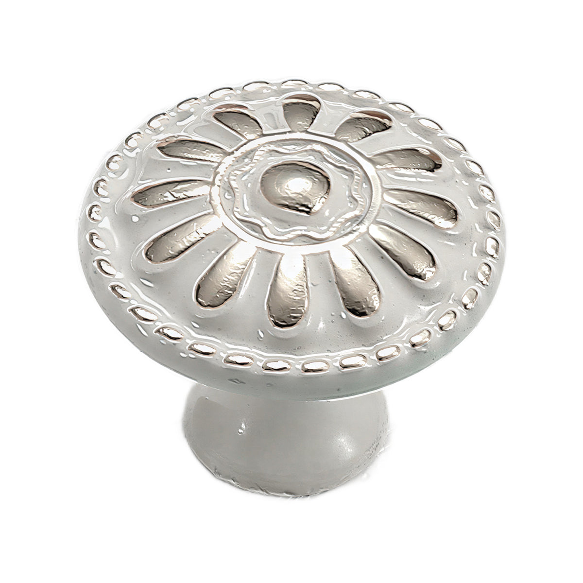 Silver-tone round cabinet knob with a raised floral rosette, option No. 2, 24 mm.