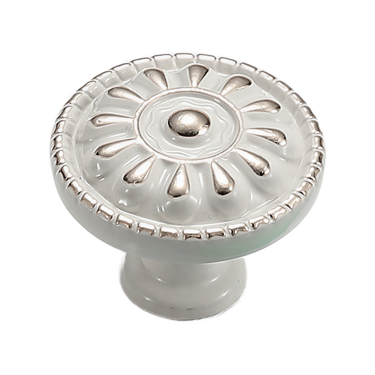 Silver-tone round cabinet knob with a raised floral rosette, option No. 2, 30 mm.