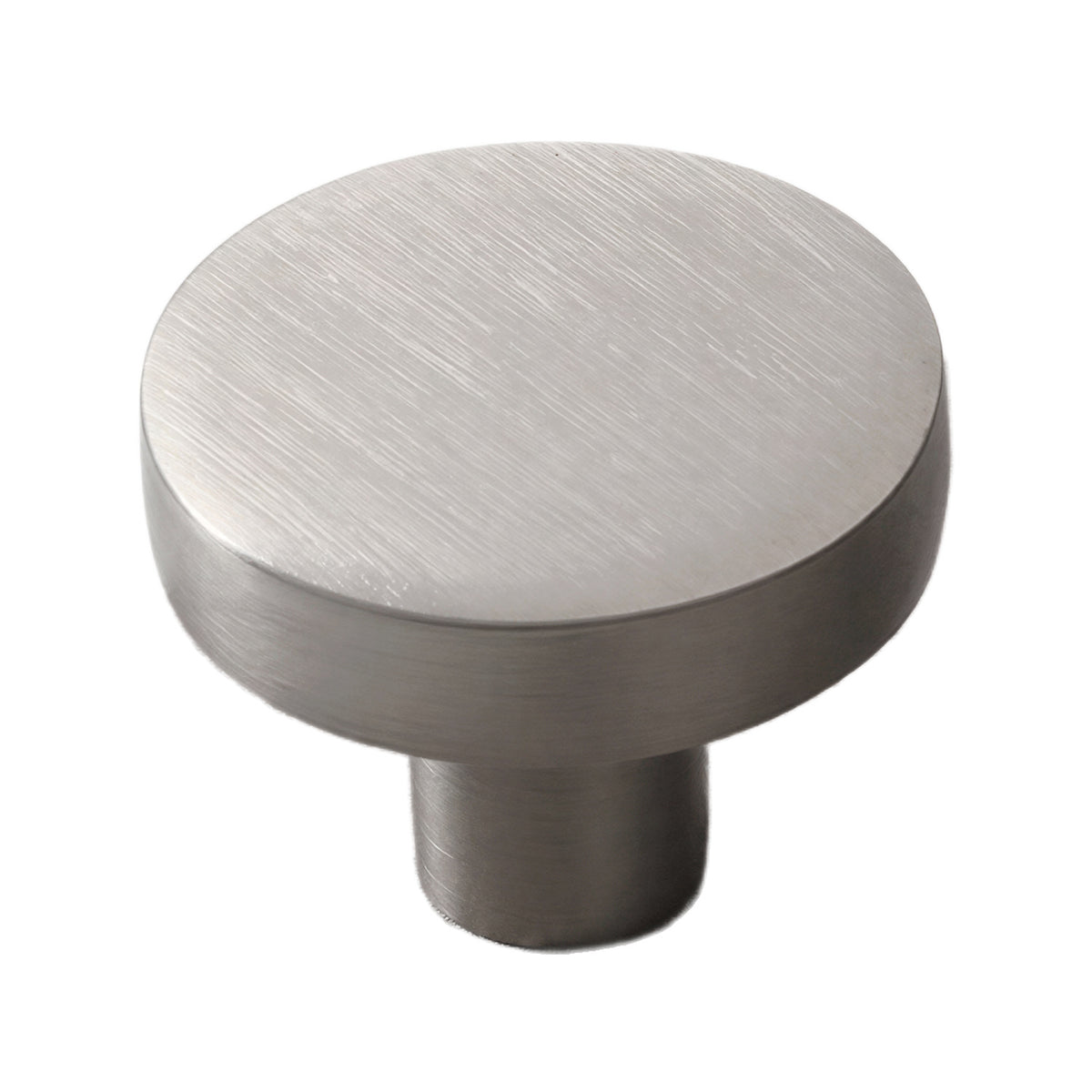 Silver-tone round cabinet knob with a flat top, 30 mm.