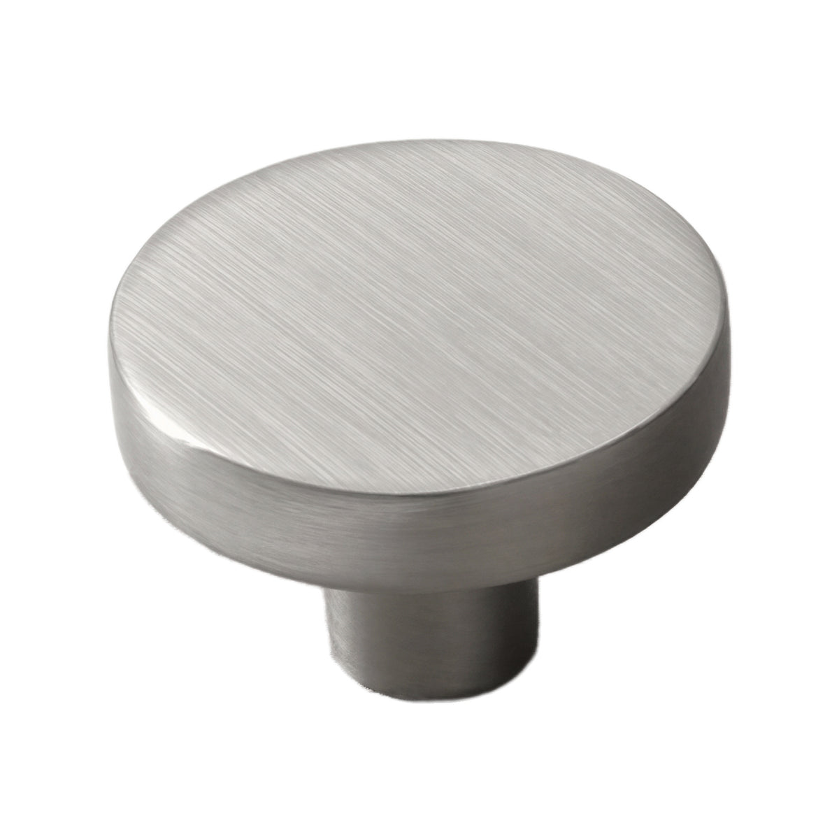 Silver-tone round cabinet knob with a flat top, 35 mm.