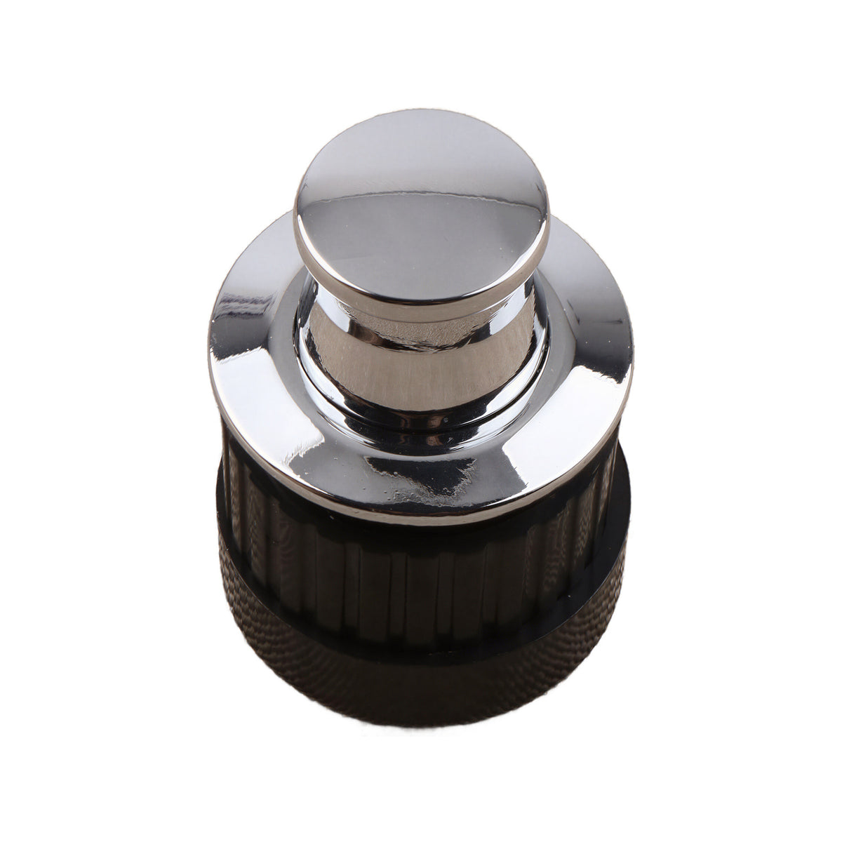 Silver-tone round pop-up cabinet knob with a flat top and dark ribbed base, option No. 1.