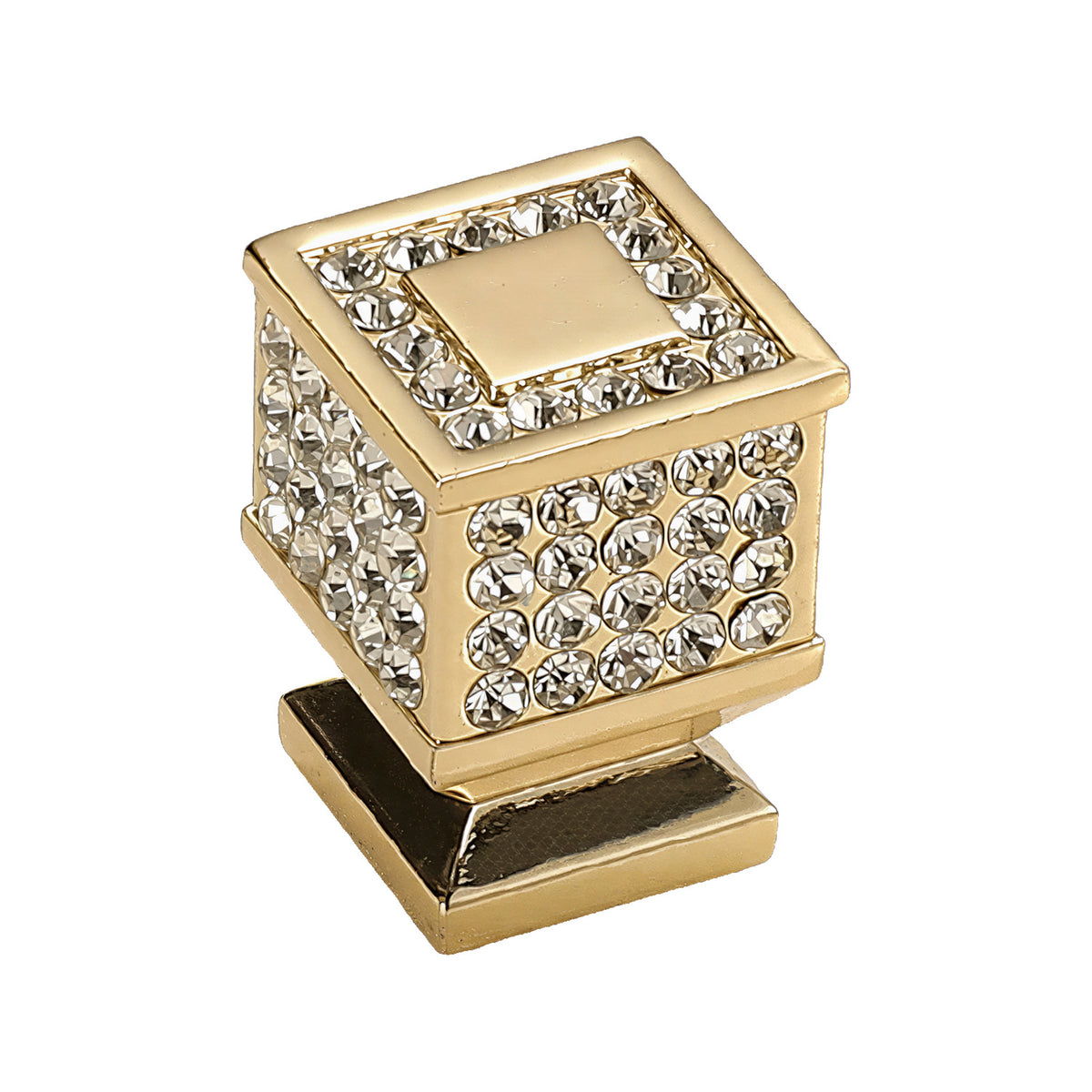 Gold-tone square cabinet knob with clear faceted accents on its top and sides, variant #1.