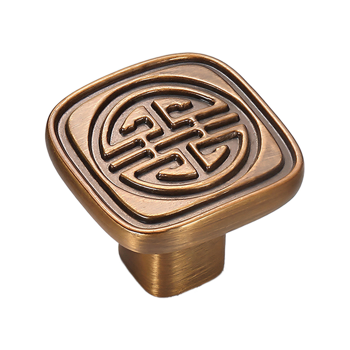 Square cabinet knob with a circular geometric medallion, variant #9.
