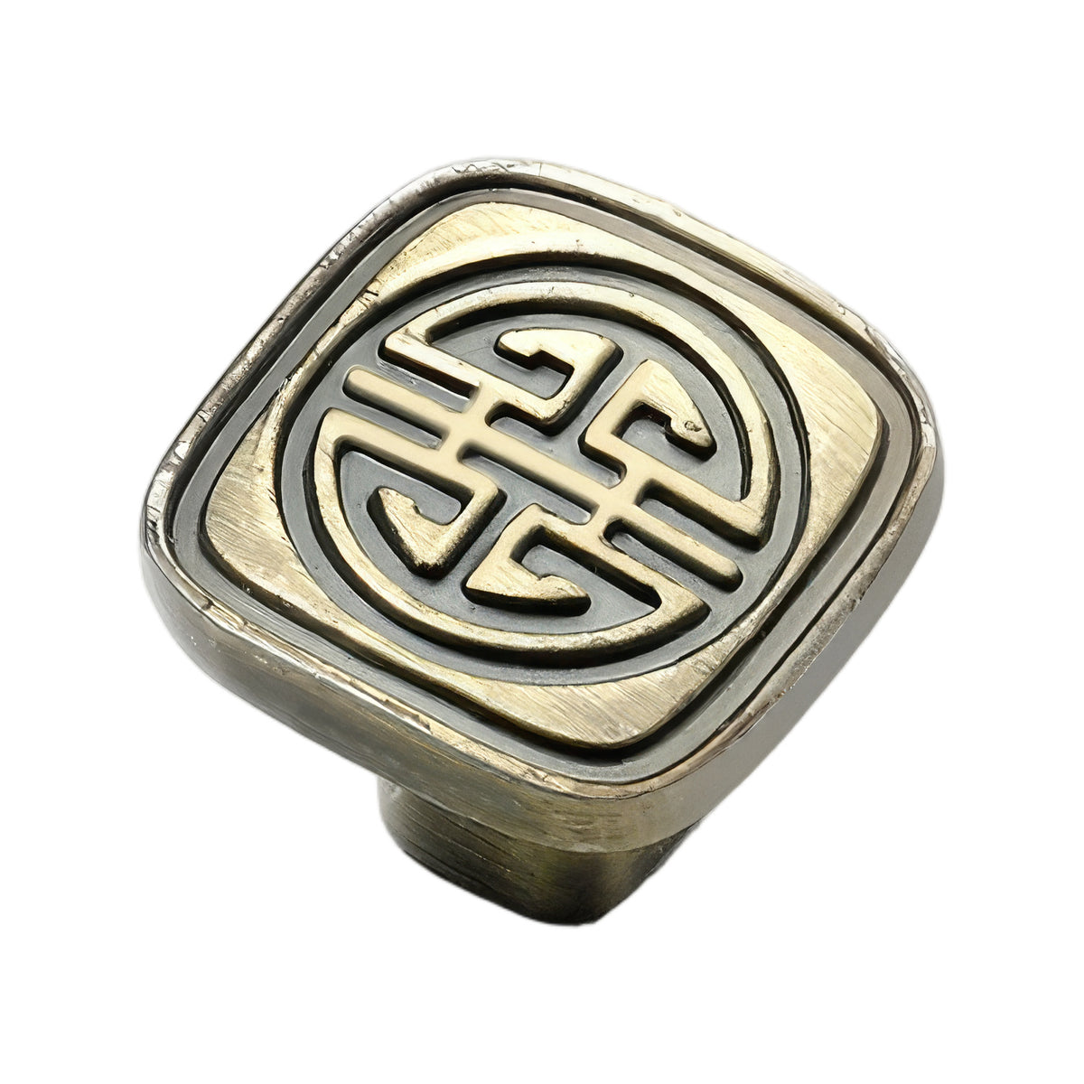 Bronze-colored square cabinet knob with a circular geometric pattern, variant #9.